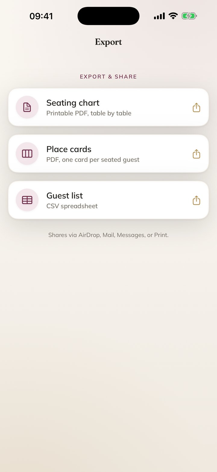 Export screen with PDF seating chart and place cards