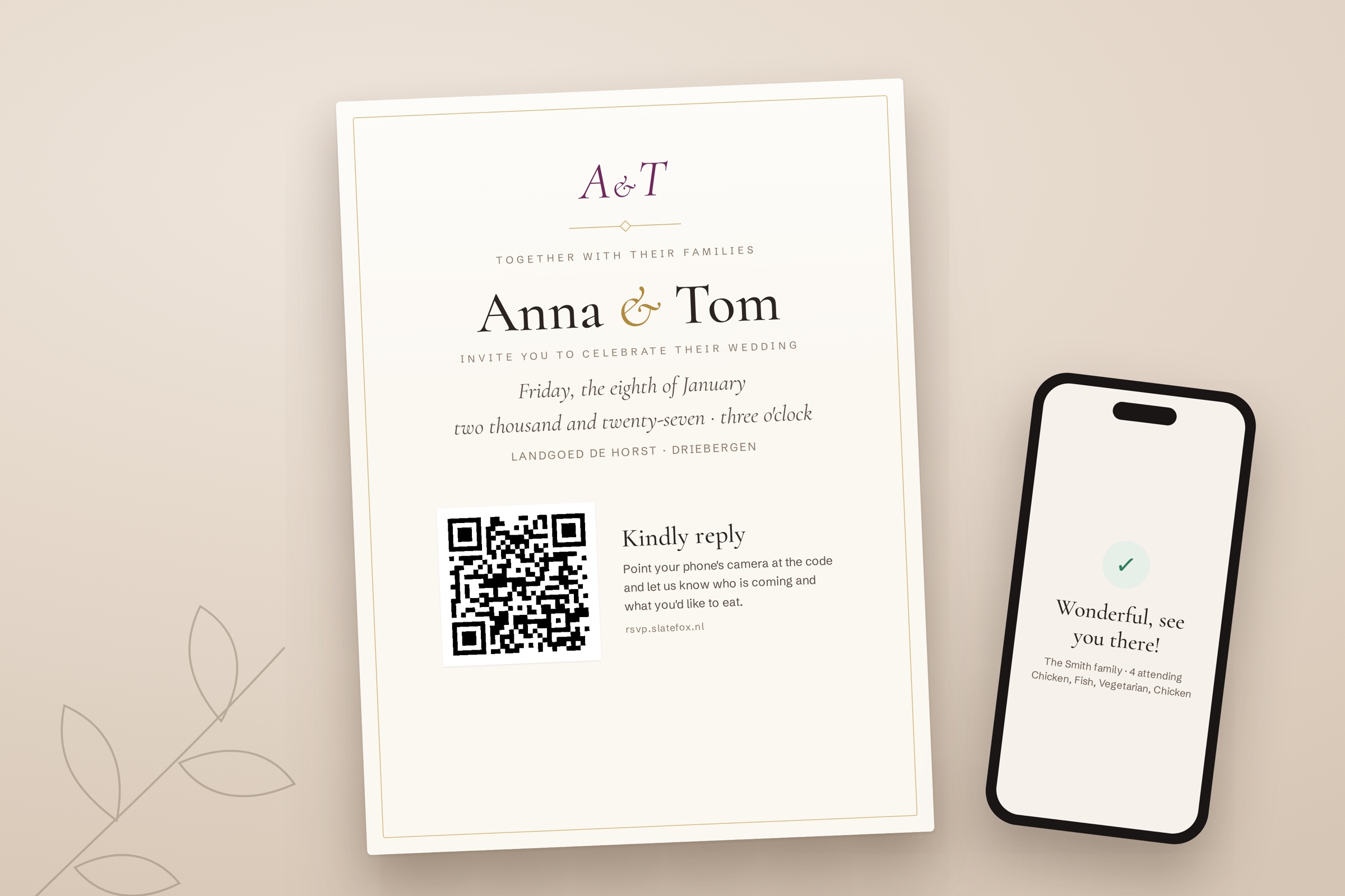 A printed wedding invitation for Anna and Tom with a QR code that opens their Replycard reply page, and a phone showing the reply confirmed