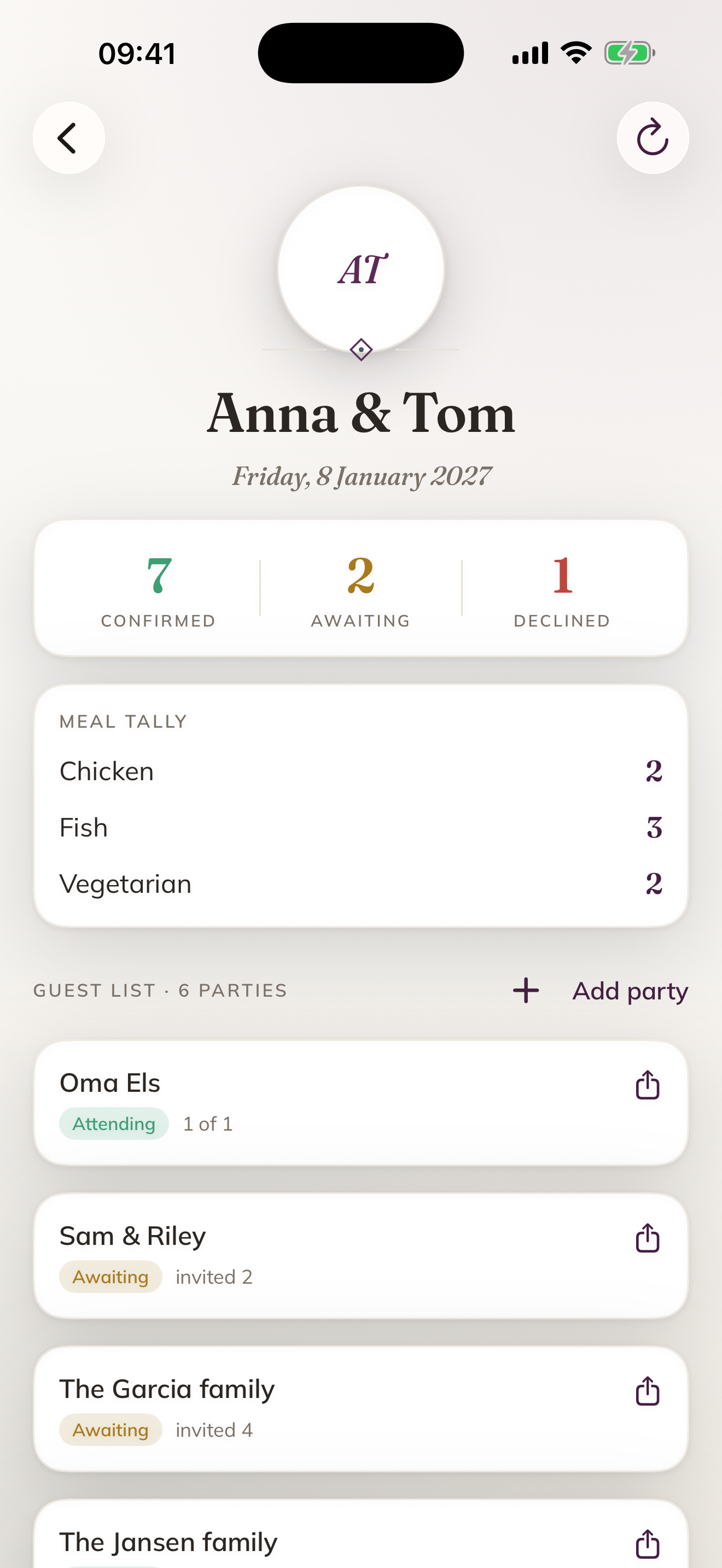 Replycard dashboard with confirmed, awaiting and declined counts and a meal tally