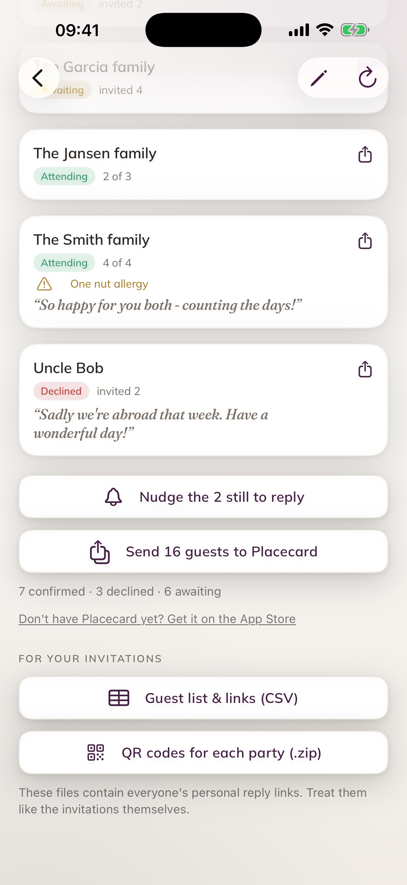 The dashboard's export block: guest list and links as a spreadsheet, and QR codes for each party