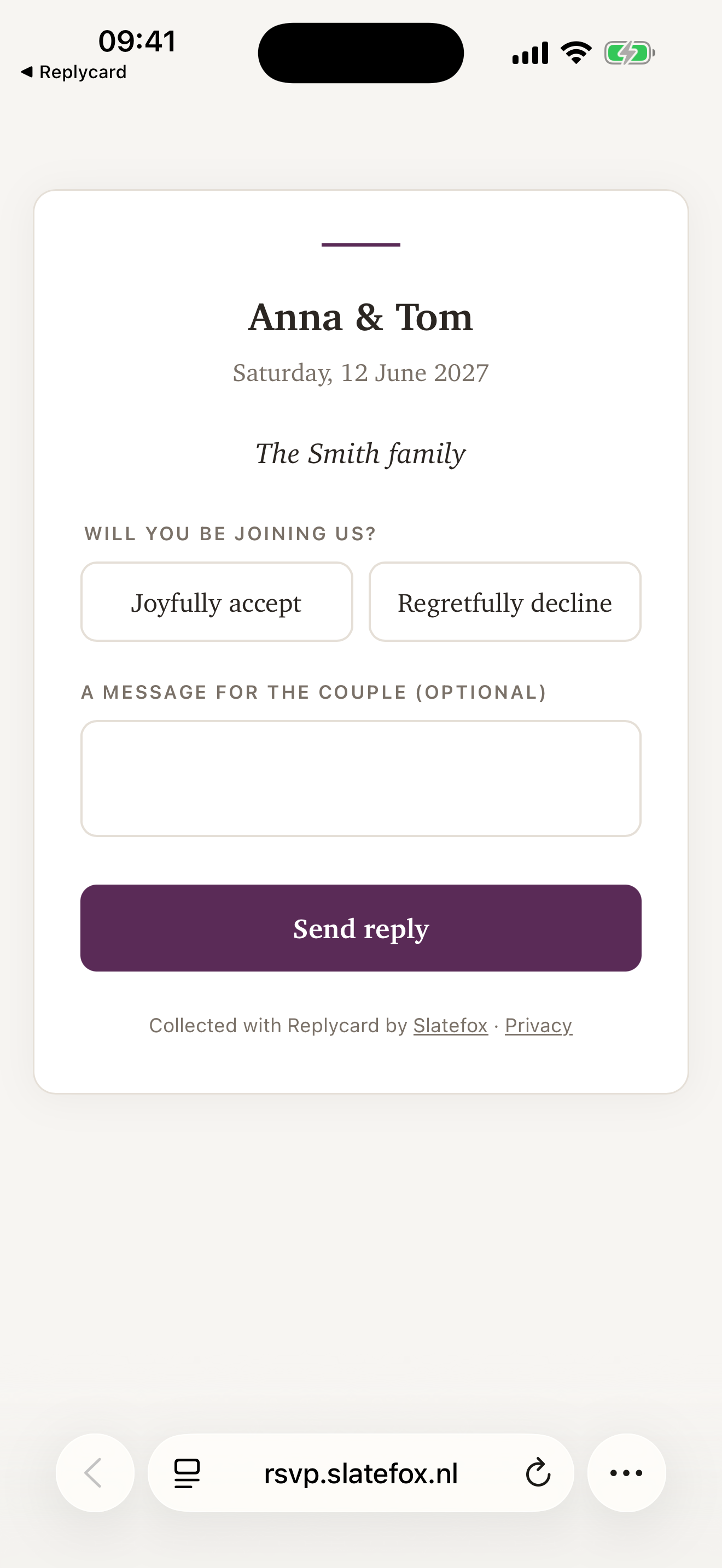 The guest reply page open in a browser, no app needed